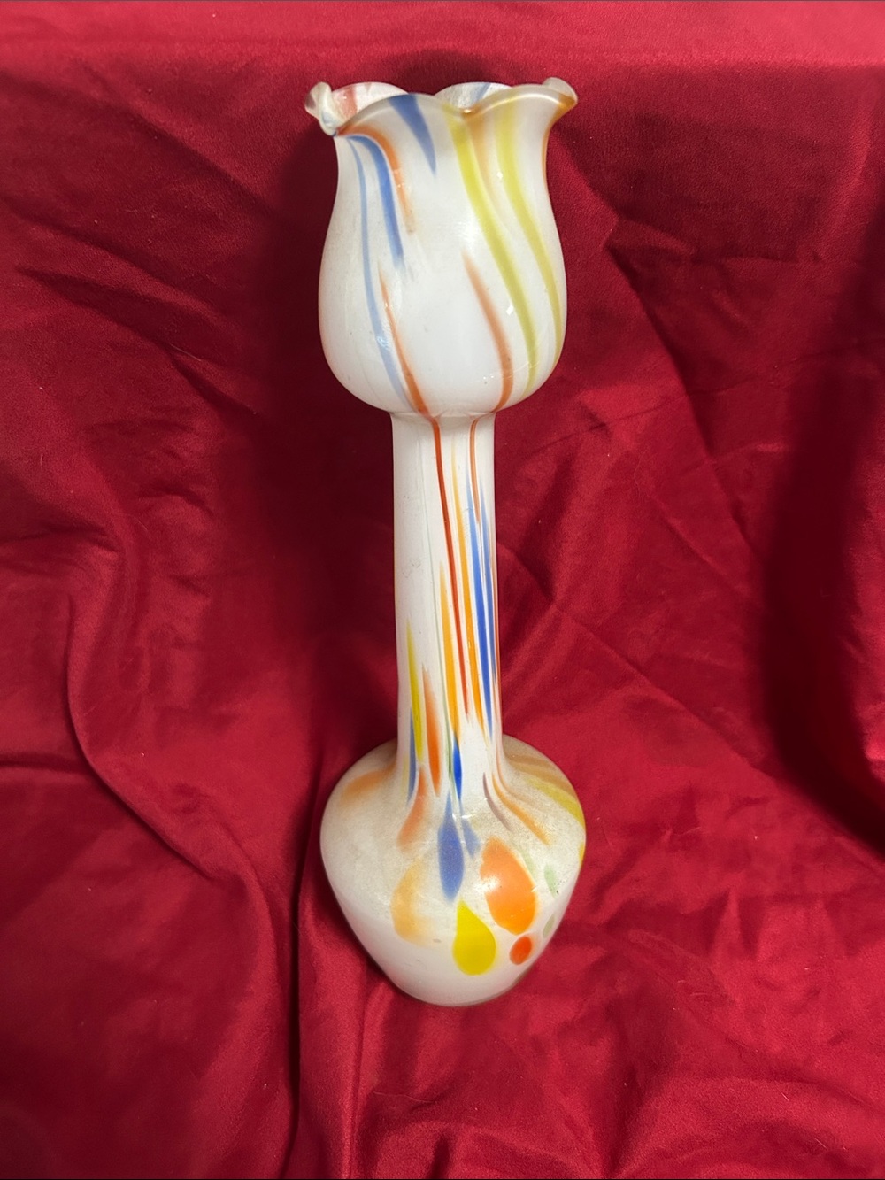 Vintage Milk Glass Splatter Art Glass Tulip Vase handblown multicolor Accents